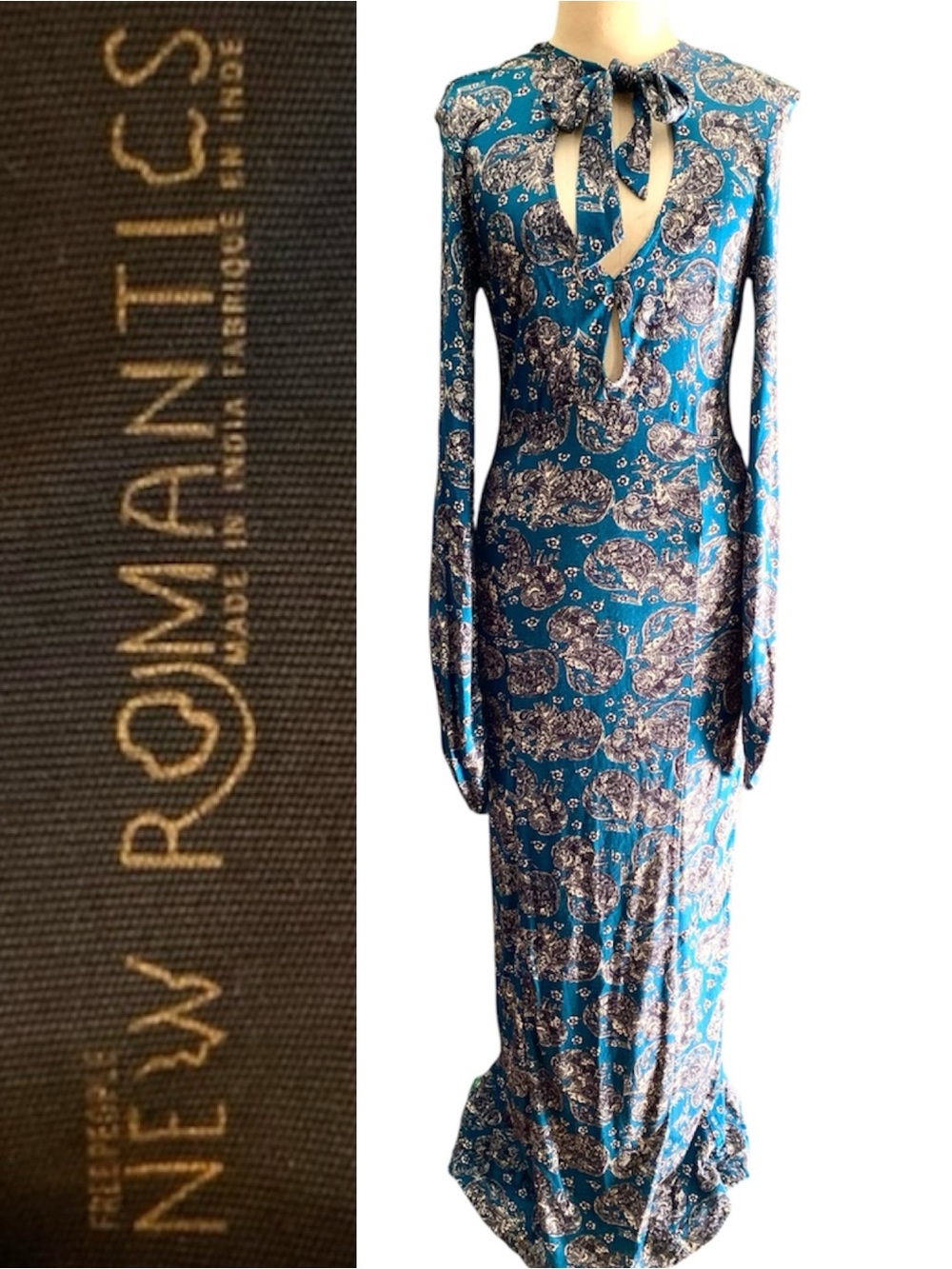 FP New Romantics Teal Paisley Long Sleeve Keyhole Front Maxi Dress- S